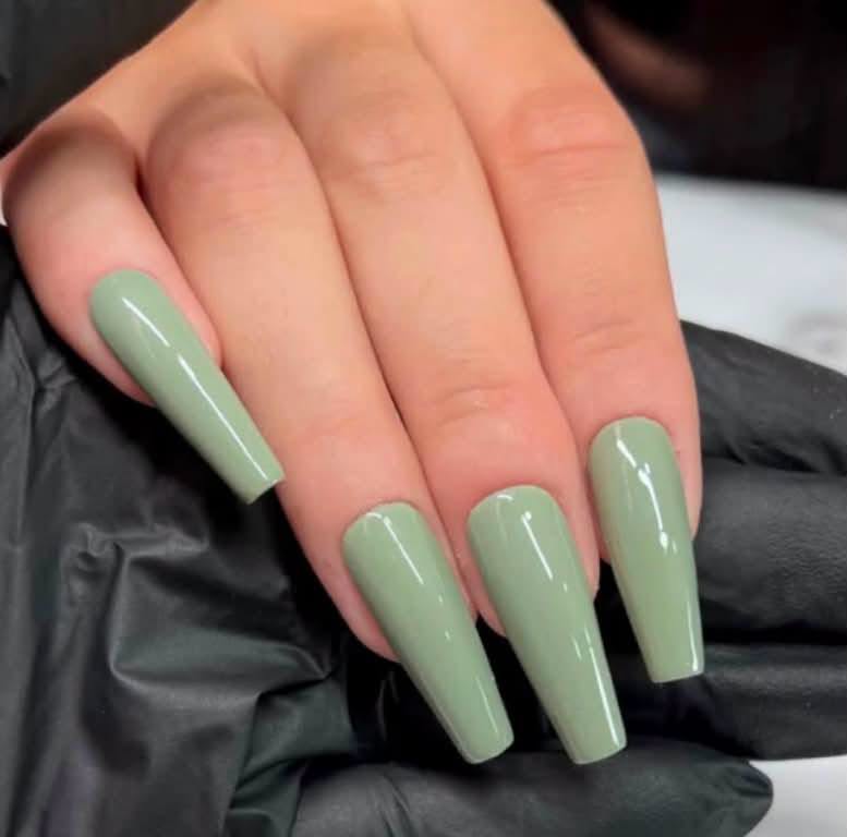 Sage green gel manicure finished at Bare Beauty by Jenny